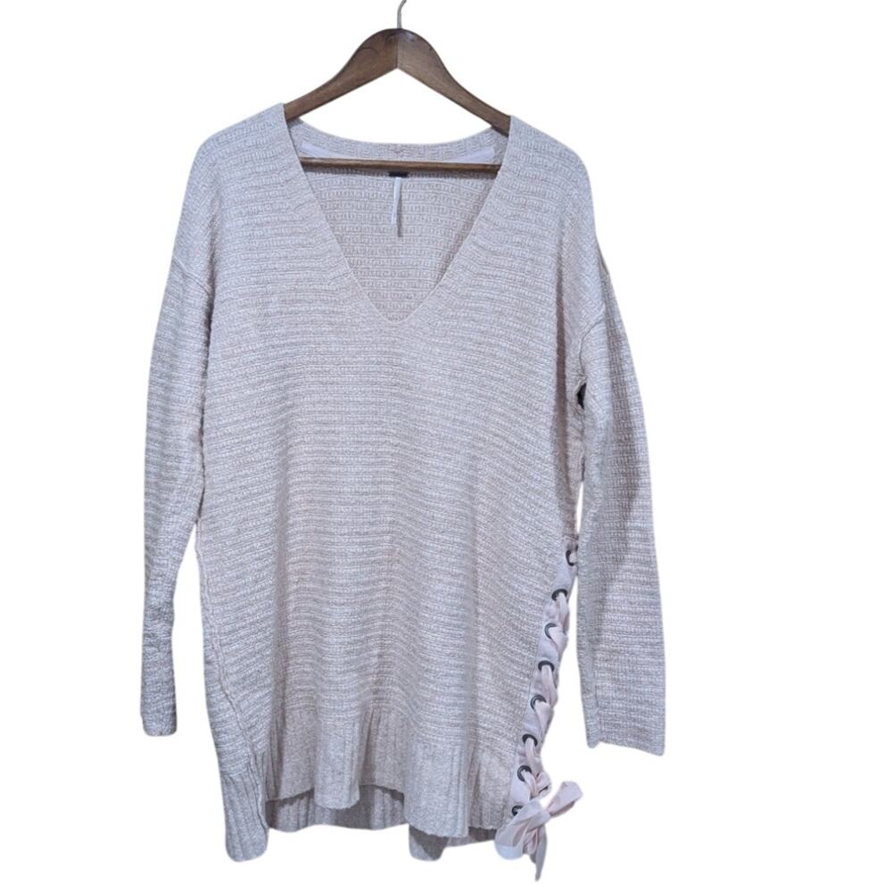 Free People Sweater Womens Medium Pink Lace up‎ Tunic
